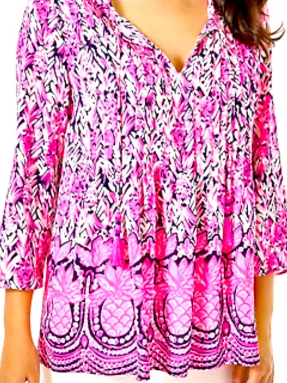 Lilly Pulitzer XL Marilina Pink Patterned V-Neck Tunic Top with tassels
